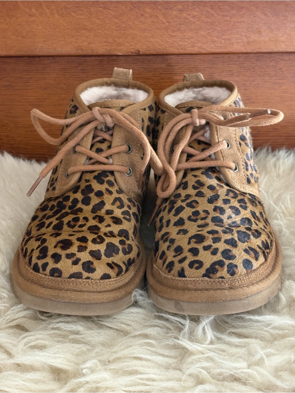 UGG Neumel Leopard Print Chukka Calf Hair Suede Sherpa Lined Ankle Boots